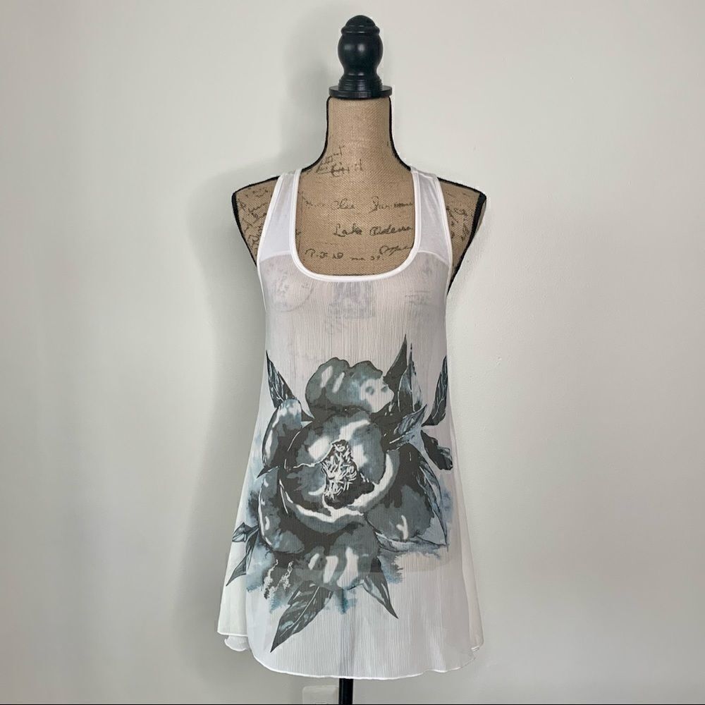 Easel Sheer, Flowy Gray Floral Print Tank